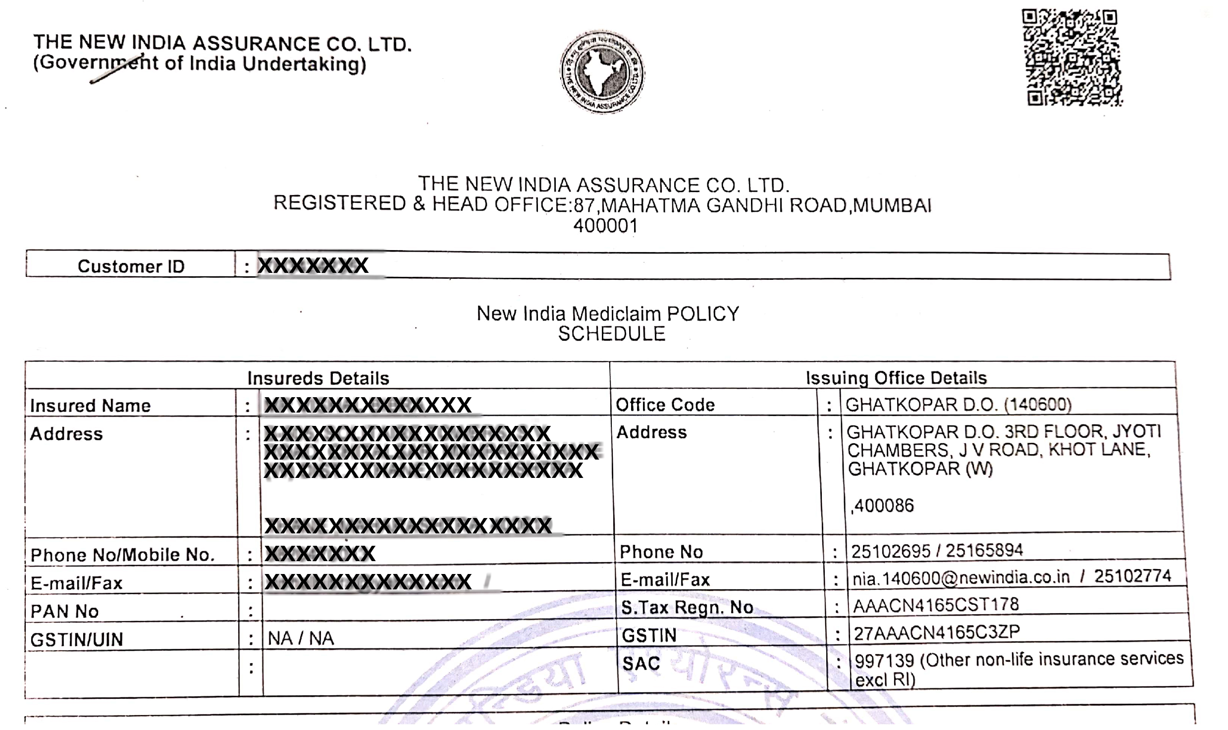 New India Assurance Mediclaim Premium Chart 2018